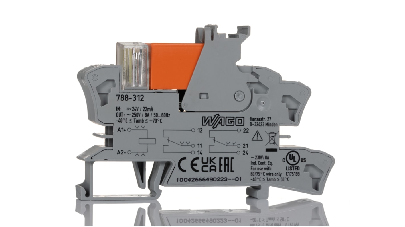 WAGO 接口继电器, 24V 直流线圈, DIN导轨安装, 250V 交流开关电压, 788系列