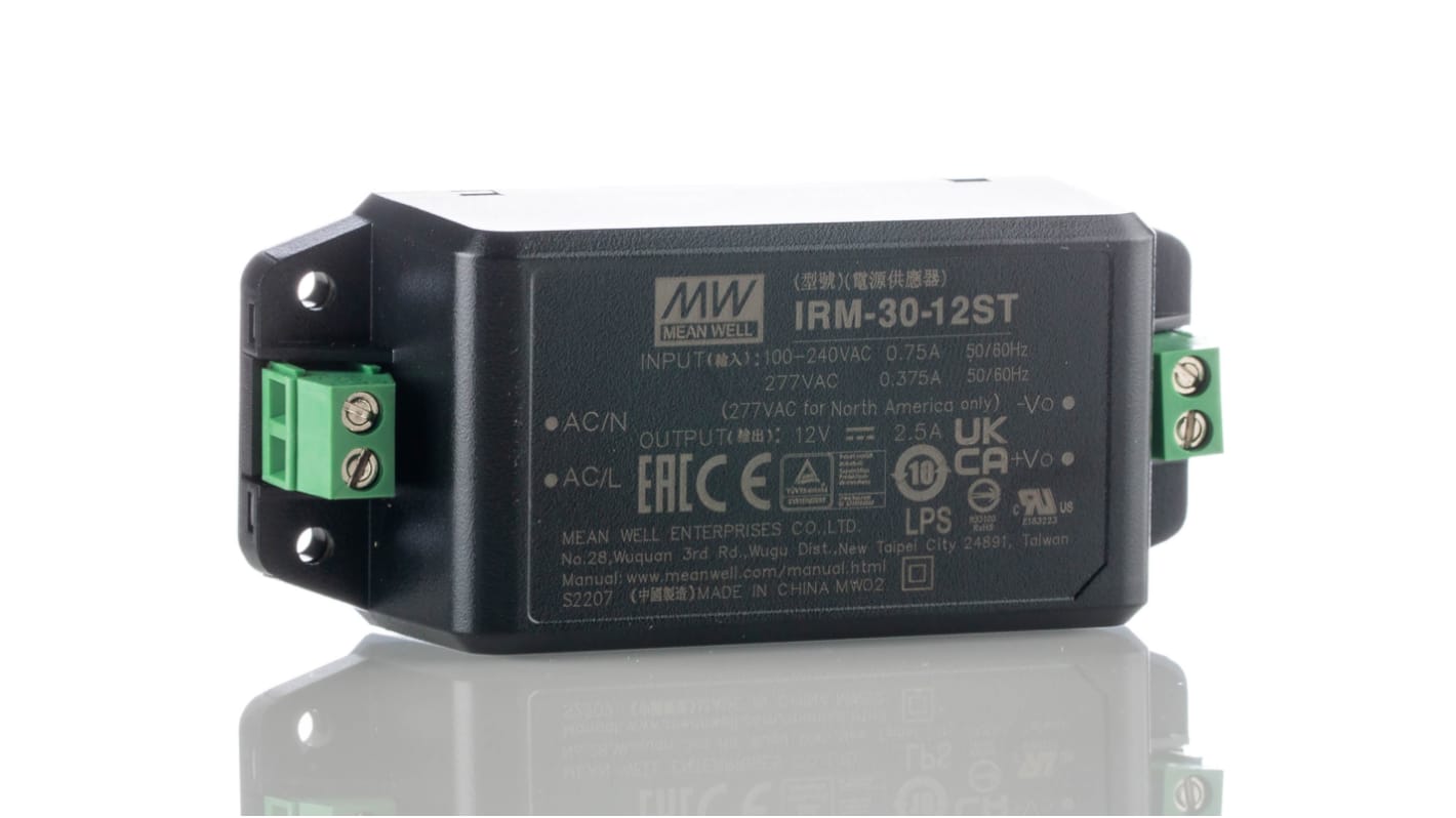 MEAN WELL Switching Power Supply, IRM-30-12ST, 12V dc, 2.5A, 30W, 1 Output, 85 → 264V ac Input Voltage