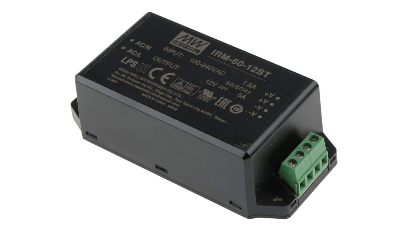 MEAN WELL Switching Power Supply, IRM-60-12ST, 12V dc, 5A, 60W, 1 Output, 85 → 264V ac Input Voltage