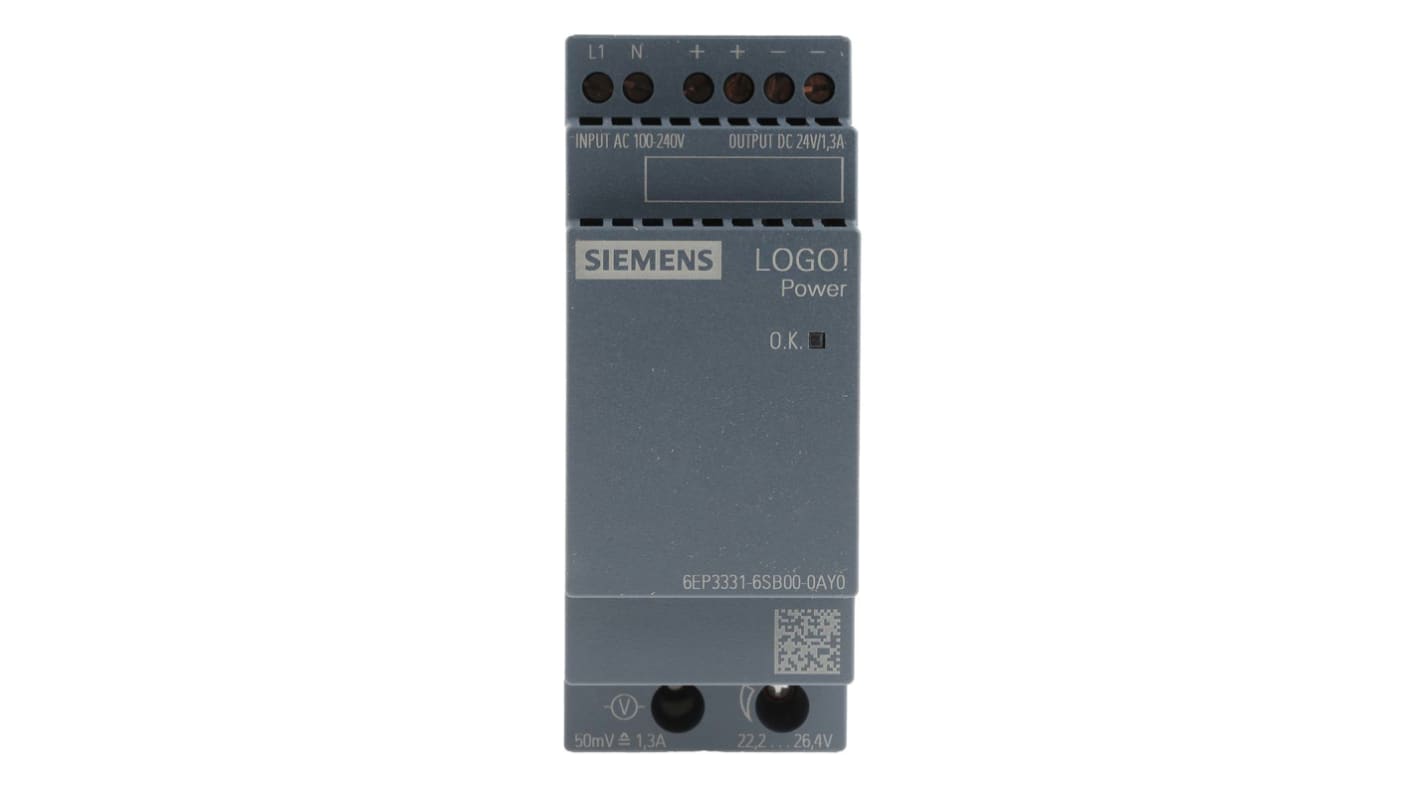 Siemens LOGO!POWER Switched Mode DIN Rail Power Supply, 100 → 240V ac ac Input, 24V dc dc Output, 1.3A Output,