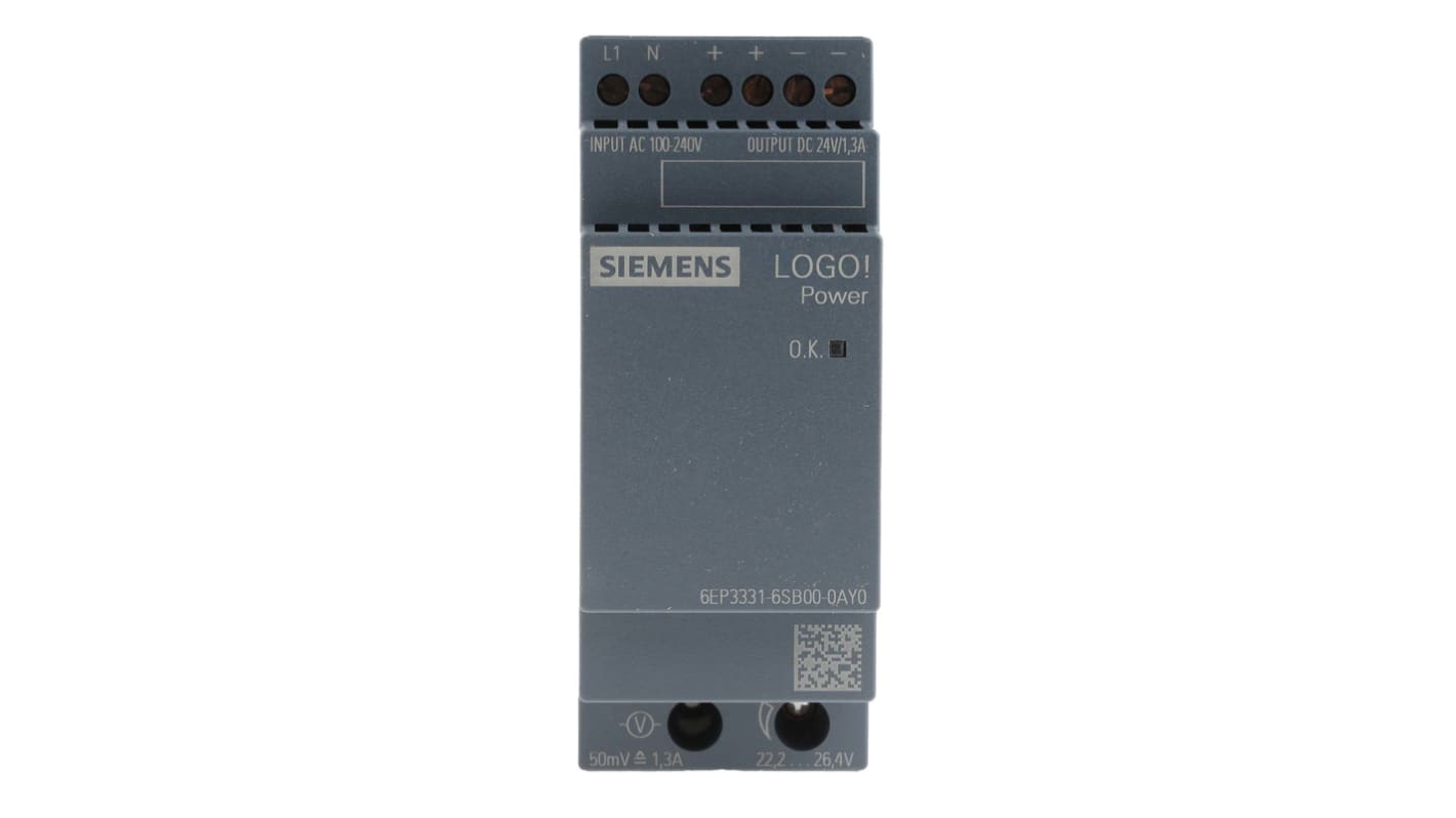 Siemens LOGO POWER Switched Mode DIN Rail Power Supply, 100 → 240V ac ac Input, 24V dc dc Output, 1.3A Output,