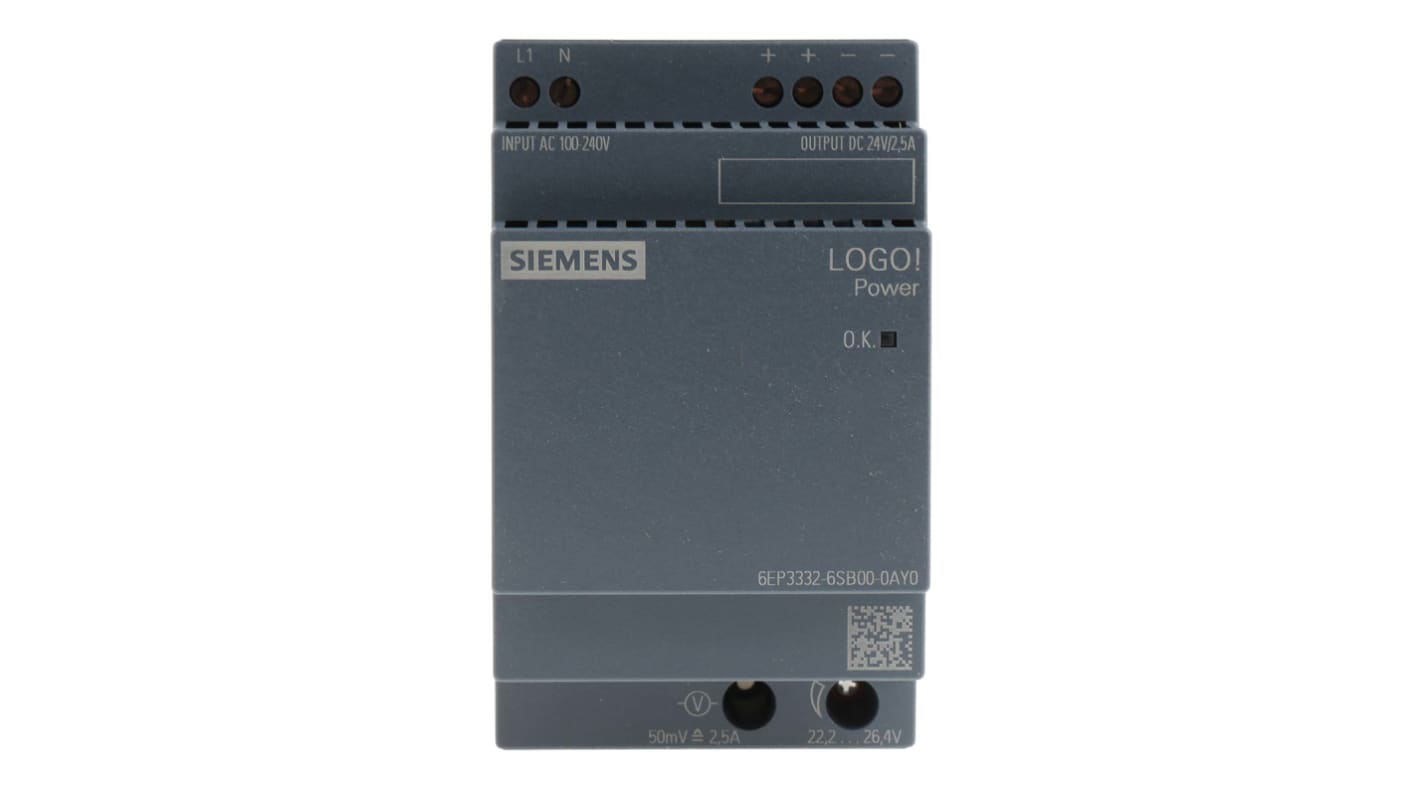 Siemens LOGO!POWER Switched Mode DIN Rail Power Supply, 100 → 240V ac ac Input, 24V dc dc Output, 2.5A Output,