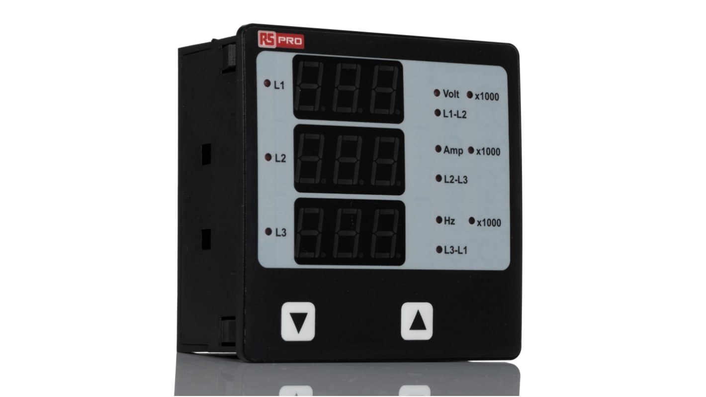 Analizador de red multifunción de panel RS PRO, con display LED, para Corriente, Frecuencia, Horas de conexión, RPM,