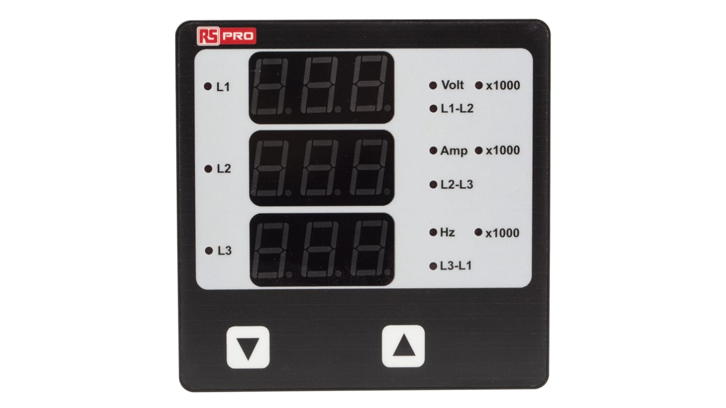 Analizador de red multifunción de panel RS PRO, con display LED, para Corriente, Frecuencia, Horas de conexión, RPM,