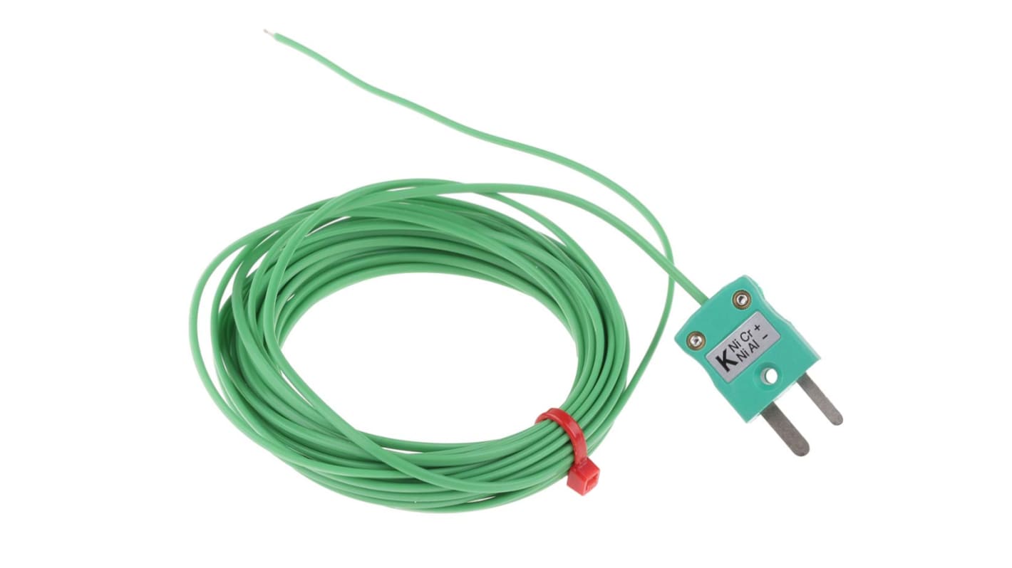 RS PRO K型外露结点热电偶, 探头Φ1/0.3mm x 5m, 可测+250°C, 线长5m, 微型插头接端, PFA探头