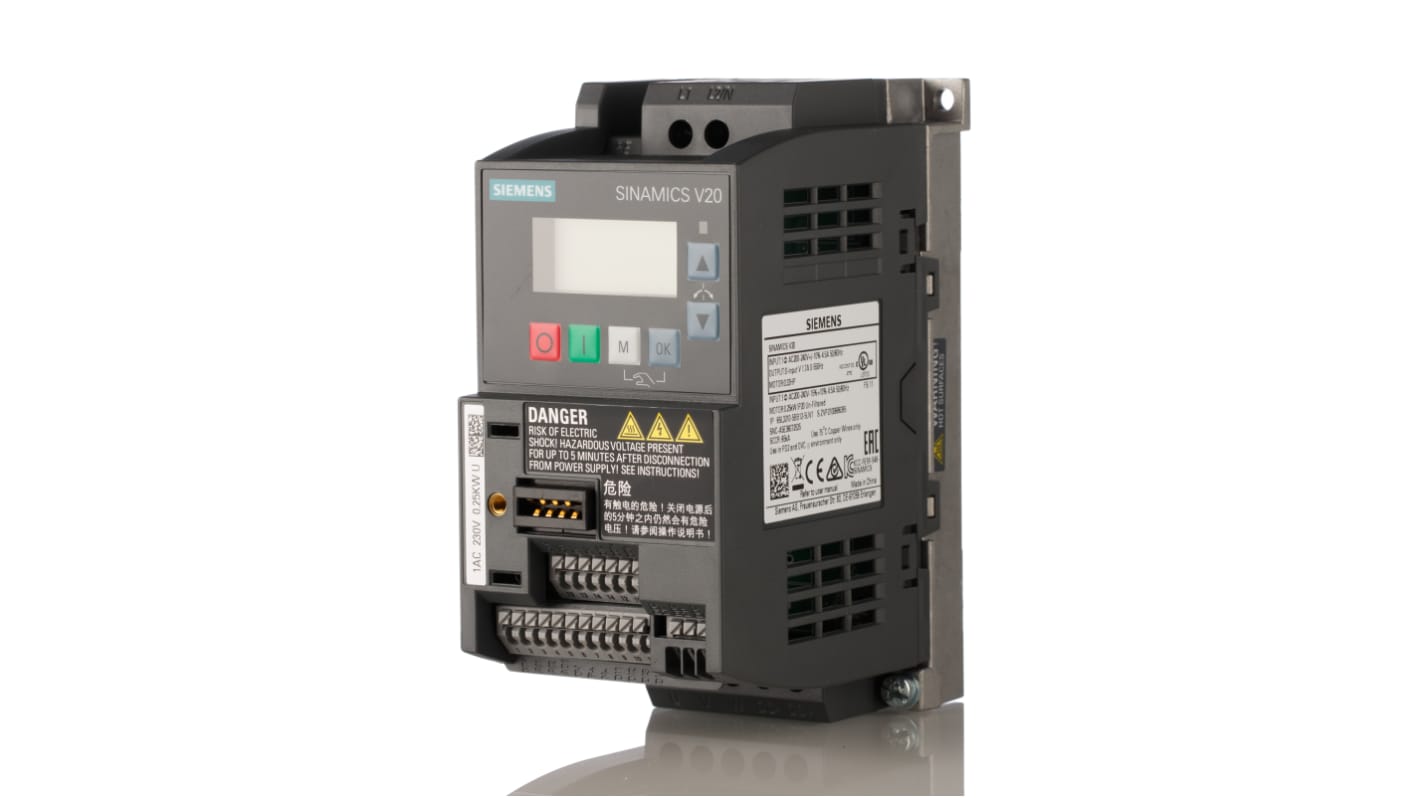 Variador de frecuencia Siemens serie SINAMICS V20, 0,25 kW, 230 V ac, 1 fase, 1,7 A, 0 → 550Hz, IP20, USS/Modbus