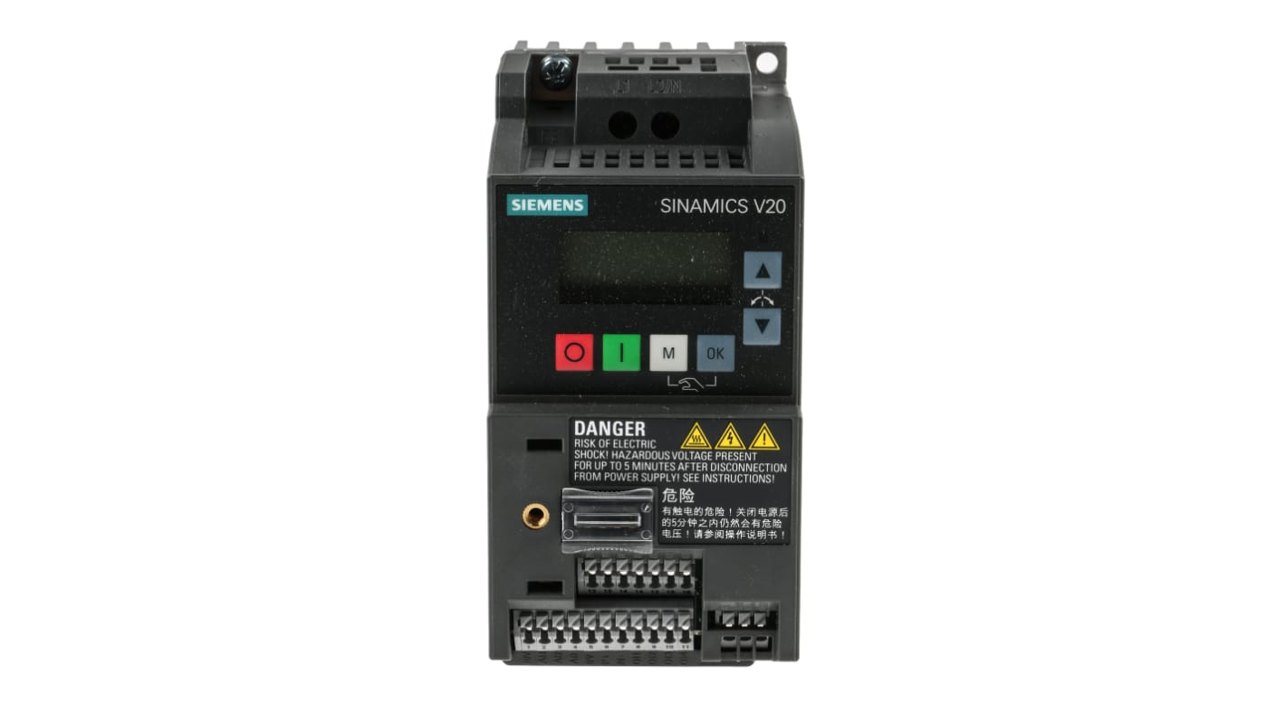 Variador de frecuencia Siemens serie SINAMICS V20, 0,37 kW, 230 V ac, 1 fase, 2,3 A, 0 → 550Hz, IP20, USS/Modbus