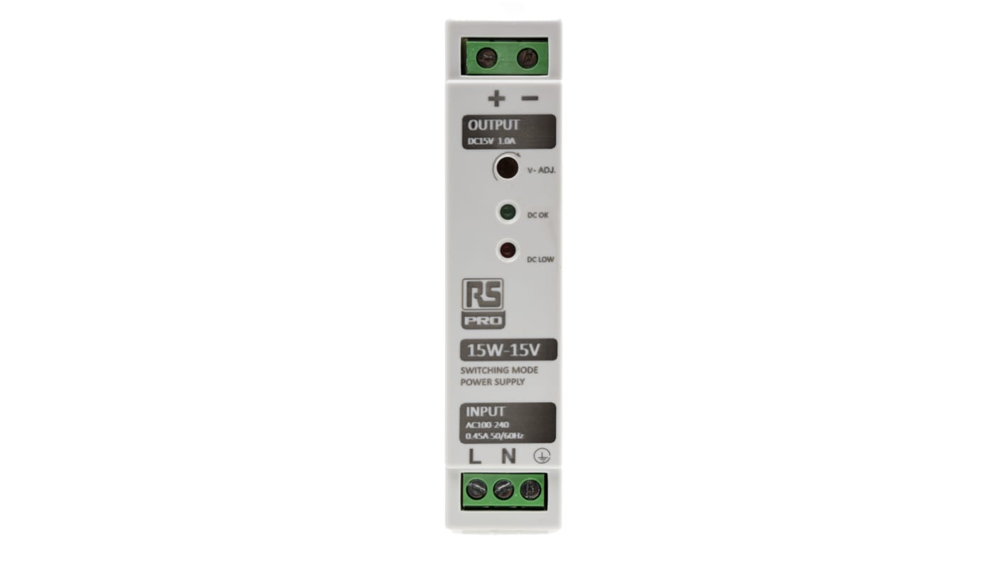 Fuente de alimentación de carril DIN RS PRO, , 1 salida 15V dc 1A 15W