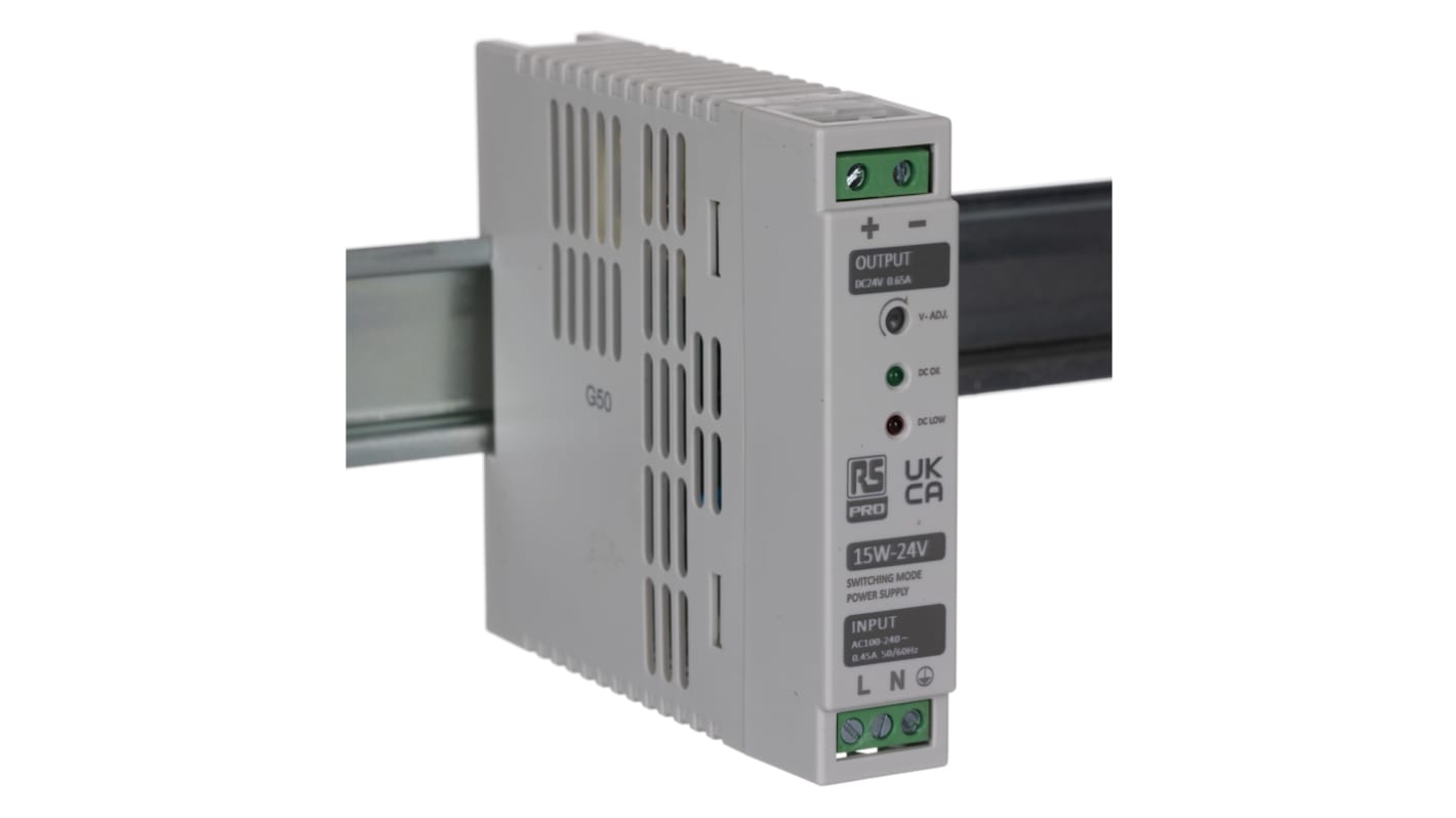 RS PRO Switched Mode DIN Rail Power Supply, 230V ac, 24V dc dc Output, 650mA Output, 15W