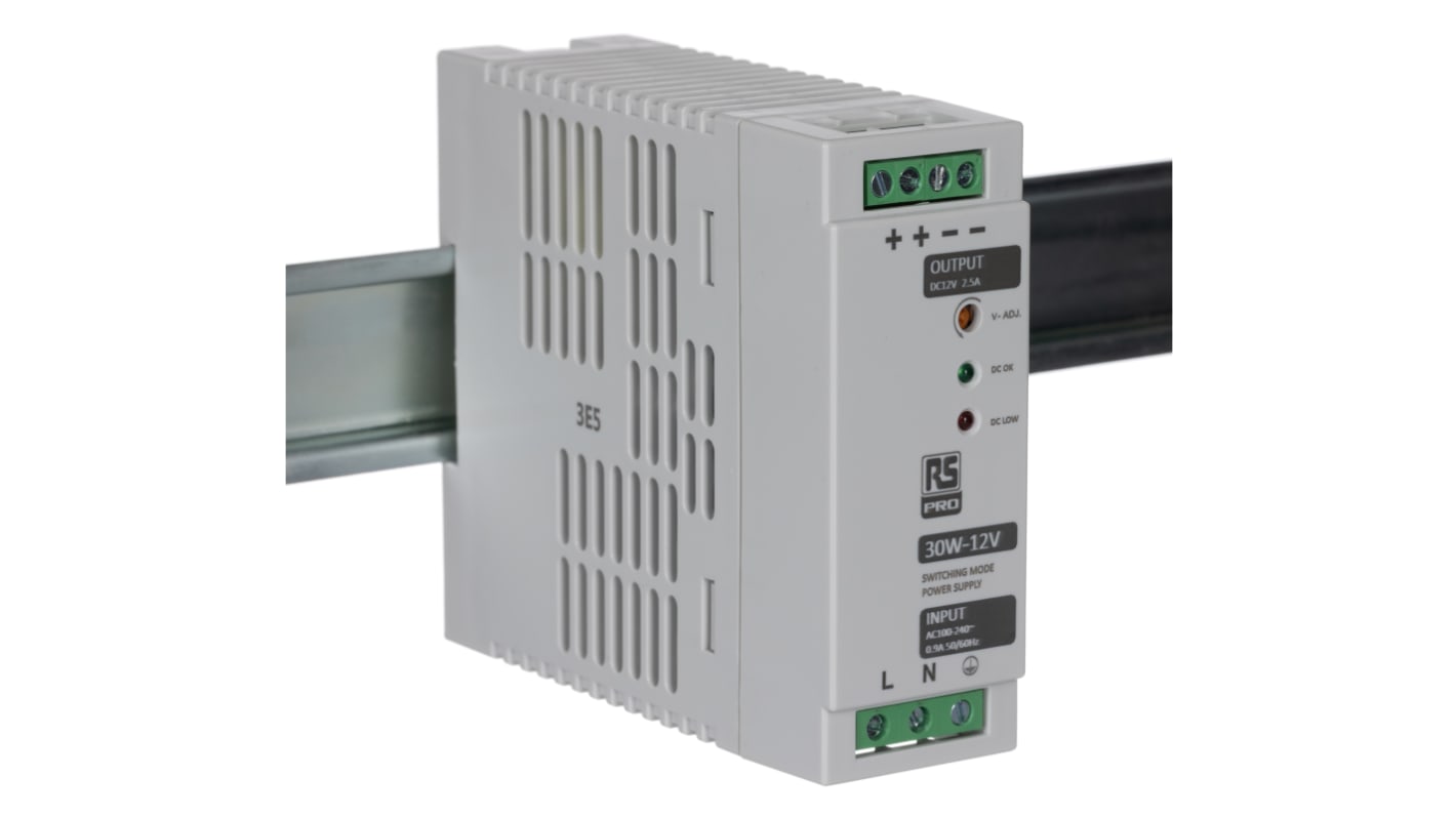 Alimentatore a montaggio su guida DIN RS PRO, 12V cc, 2.5A, 230V ca, 30W