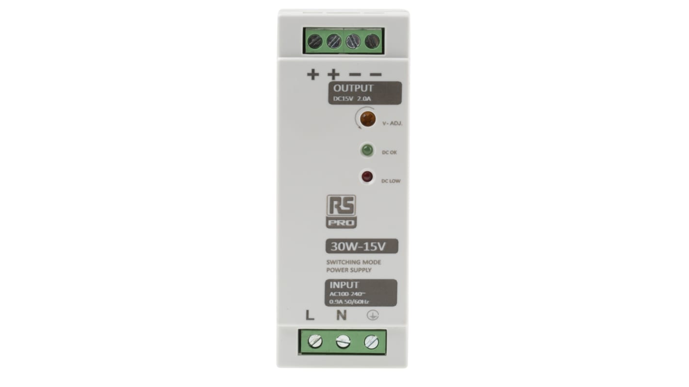 RS PRO Switched Mode DIN Rail Power Supply, 230V ac, 15V dc dc Output, 2A Output, 30W