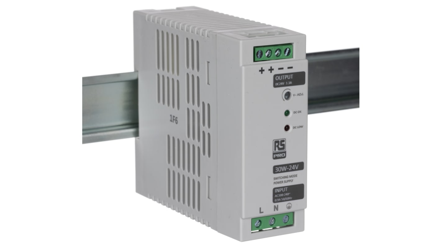 RS PRO Switched Mode DIN Rail Power Supply, 230V ac, 24V dc dc Output, 1.3A Output, 30W