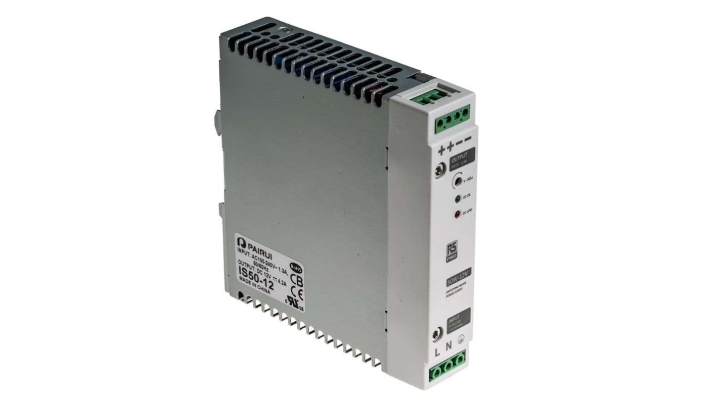 Fuente de alimentación de carril DIN RS PRO, , 1 salida 12V dc 4.2A 50W