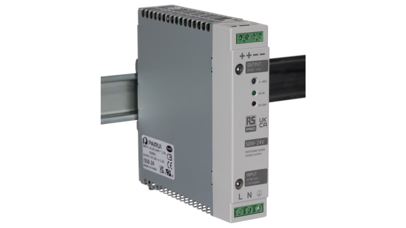RS PRO DIN-Schienen Netzteil Getaktet 24V dc / 2.2A 50W 230V ac