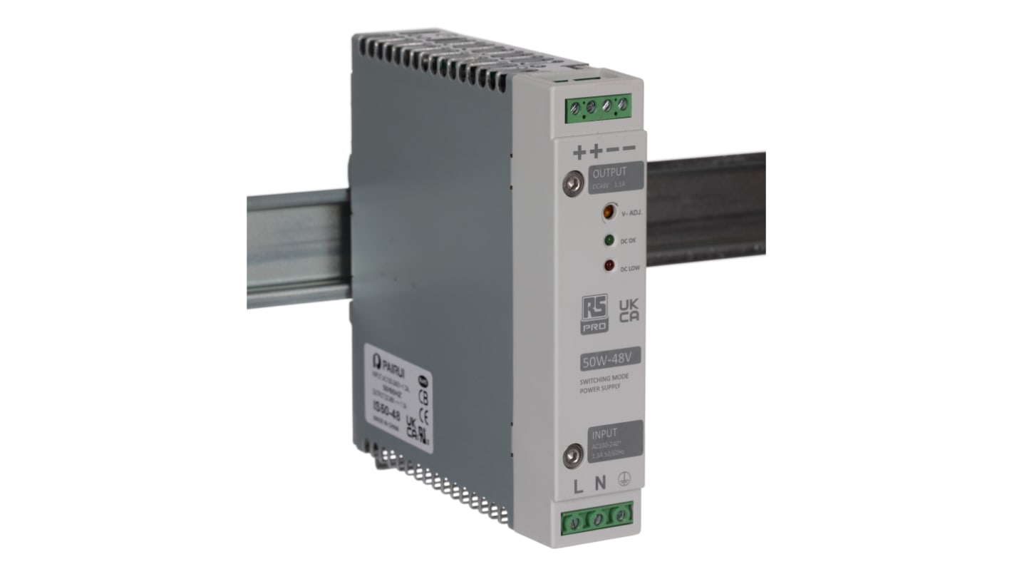 RS PRO Switched Mode DIN Rail Power Supply, 230V ac, 48V dc dc Output, 1.1A Output, 50W