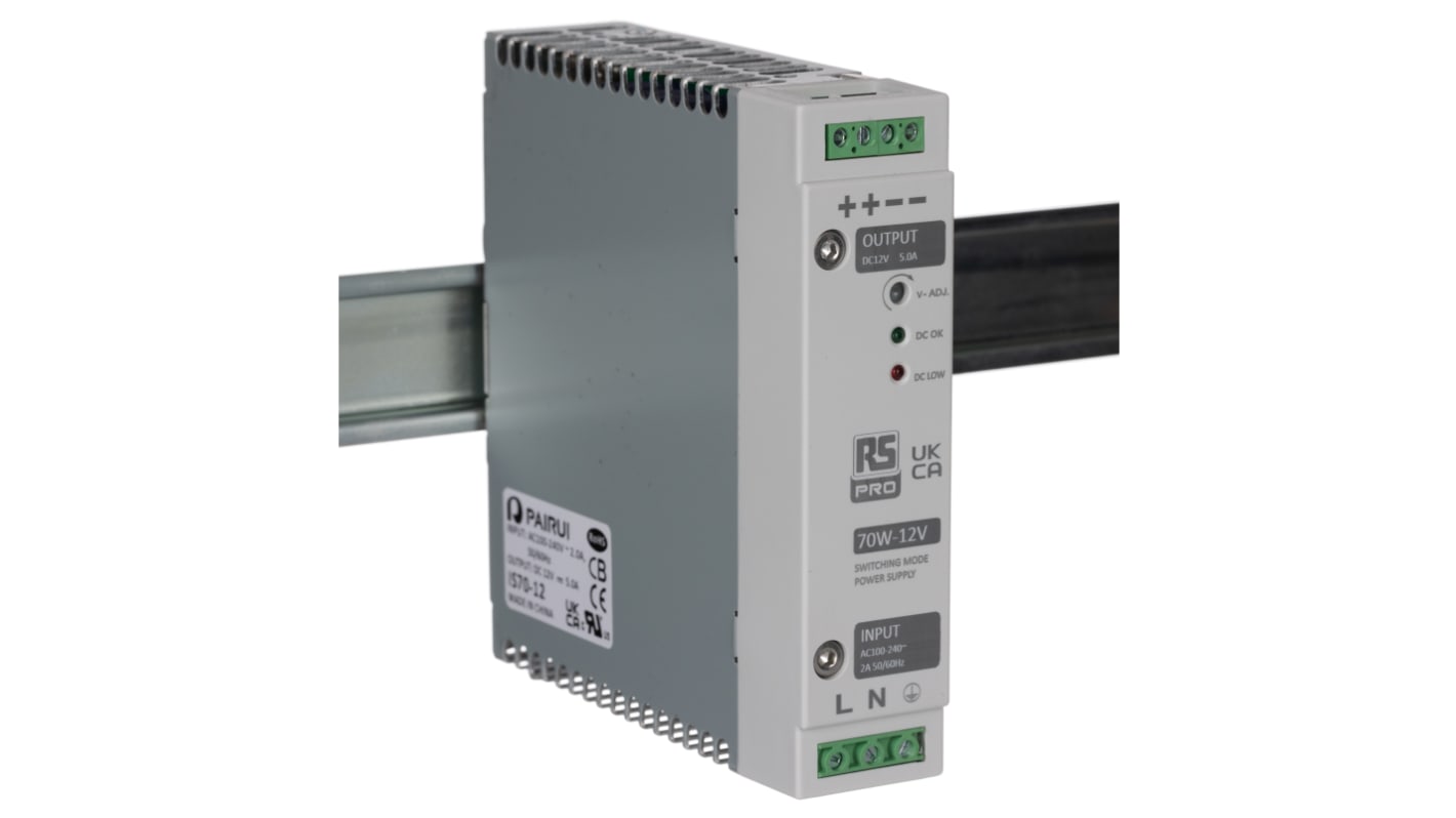 RS PRO Switched Mode DIN Rail Power Supply, 230V ac, 12V dc dc Output, 5A Output, 70W