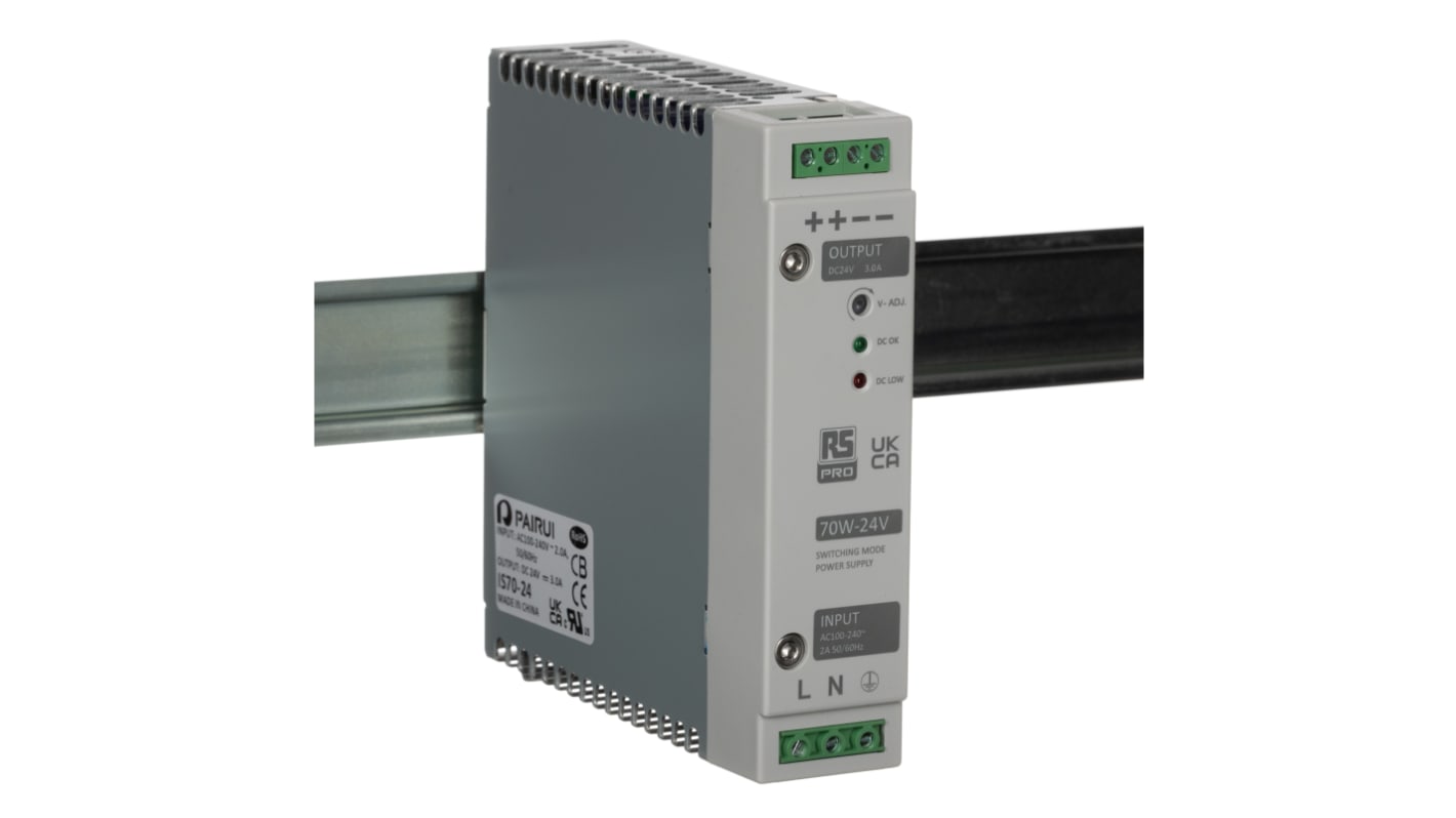 Fuente de alimentación de carril DIN RS PRO, , 1 salida 24V dc 3A 70W