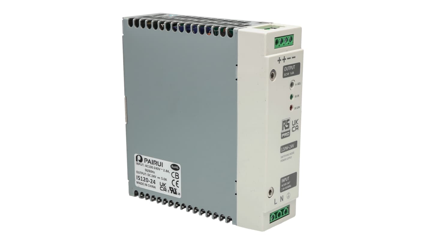 RS PRO Switched Mode DIN Rail Power Supply, 230V ac, 24V dc dc Output, 5A Output, 120W