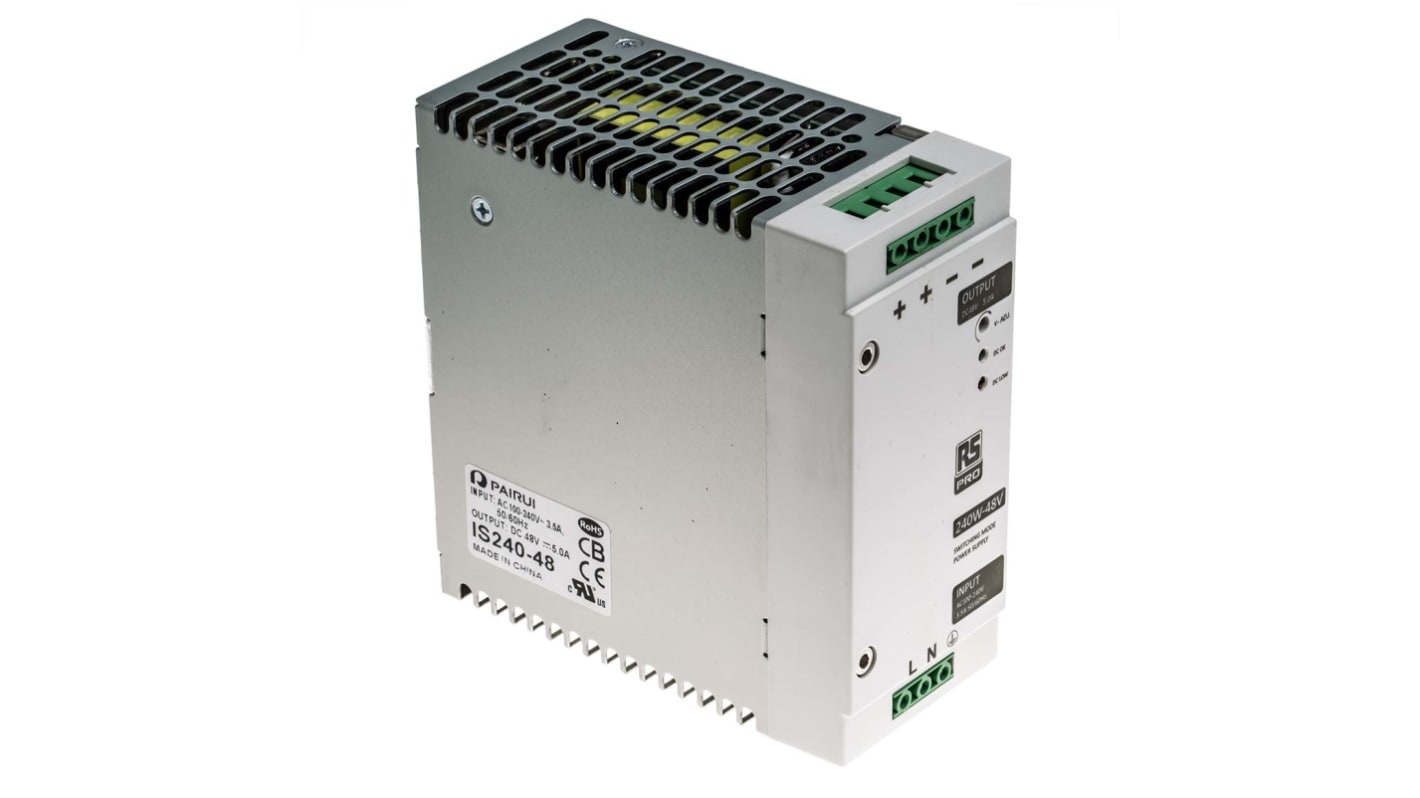RS PRO Switched Mode DIN Rail Power Supply, 230V ac, 48V dc dc Output, 5A Output, 240W