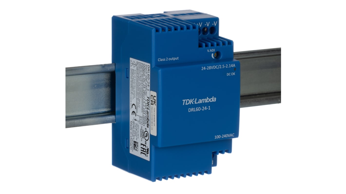 TDK-Lambda DRL-60 Switched Mode DIN Rail Power Supply, 85 → 264V ac ac Input, 24V dc dc Output, 2.5A Output, 60W