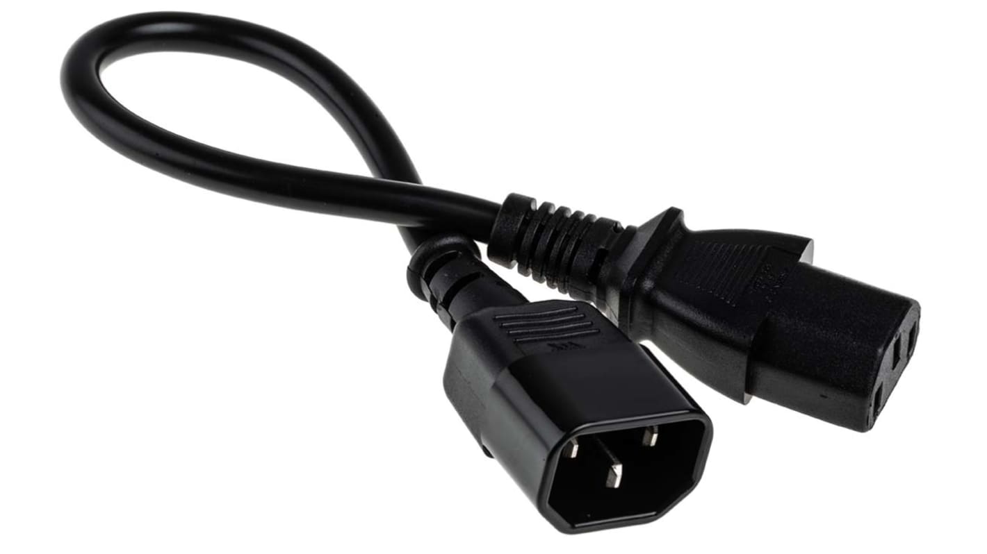 RS PRO Straight IEC C13 Socket to Straight IEC C14 Plug Power Cord, 300mm