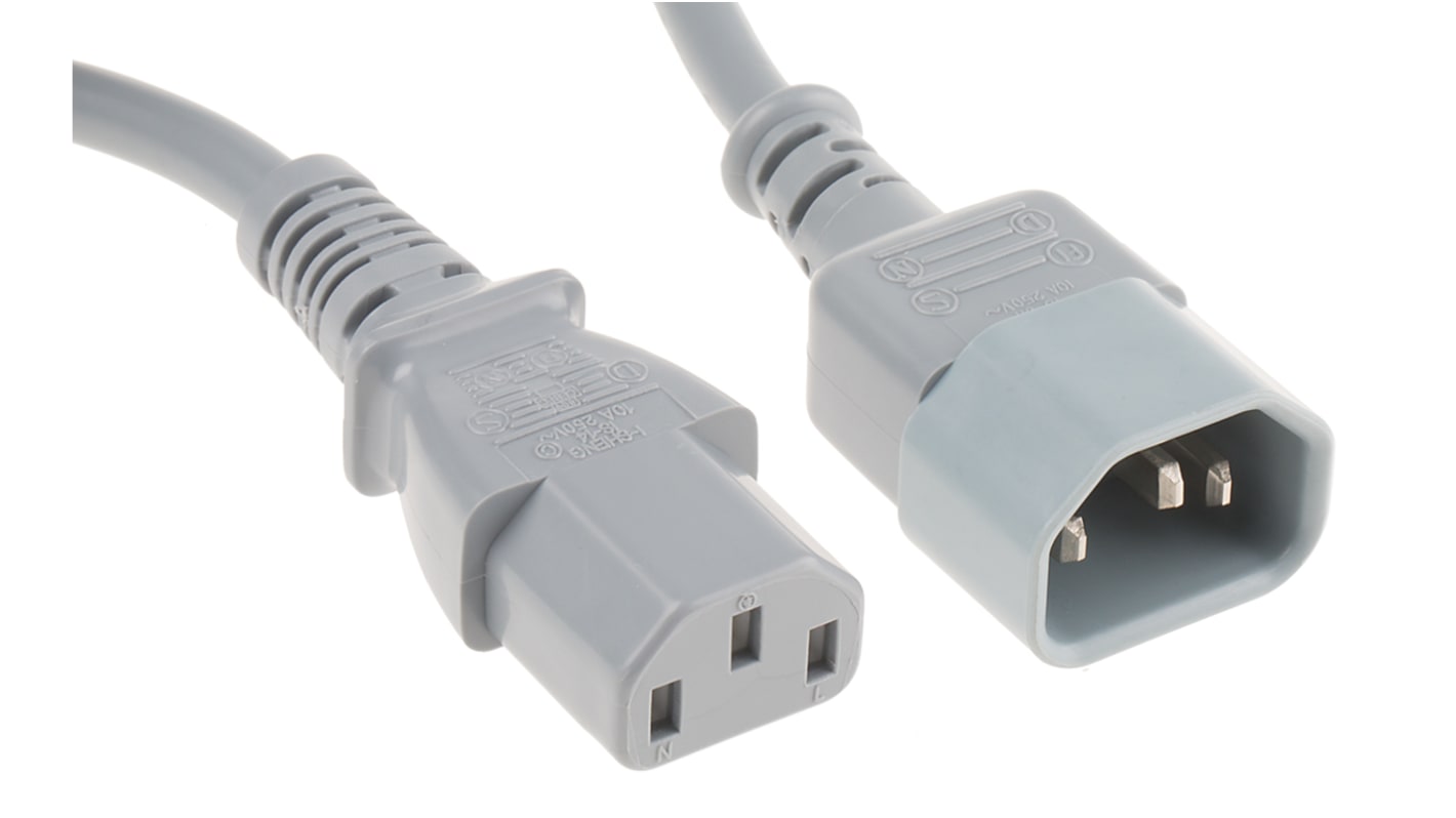 RS PRO Konfektioniertes Stromkabel, A IEC C13 / Buchse gerade, B IEC C14 / Stecker gerade, 6 A, 1m Grau,  250 V