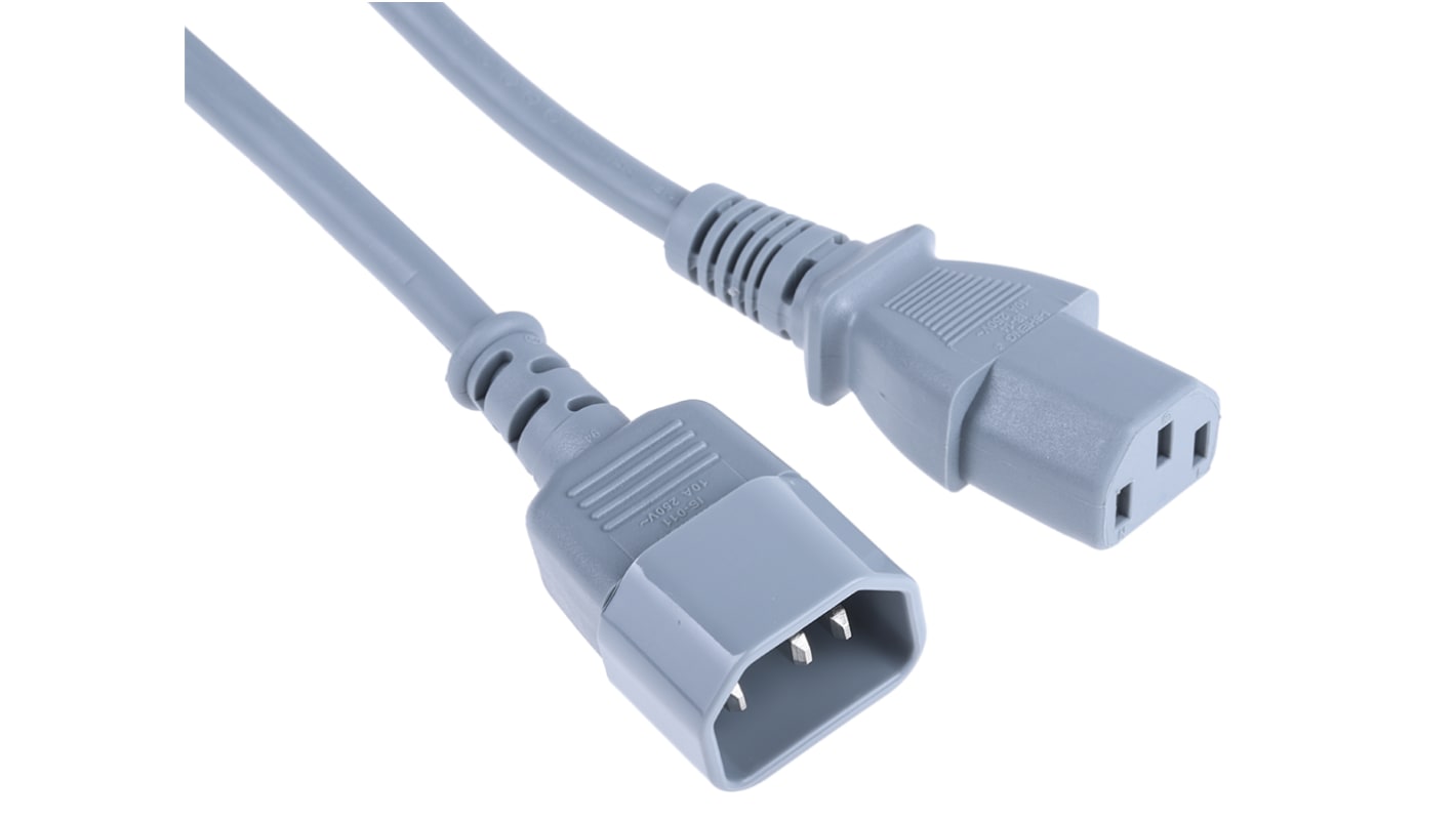 RS PRO Konfektioniertes Stromkabel, A IEC C13 / Buchse gerade, B IEC C14 / Stecker gerade, 6 A, 2m Grau,  250 V