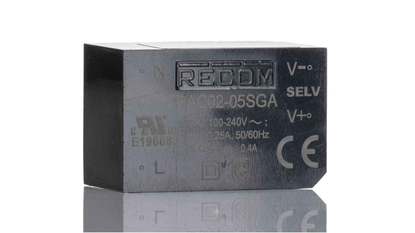 Recom RAC02-GA Schaltnetzteil, 5V dc / 400mA 2W 100 → 240V ac Gekapselt, PCB-Montage