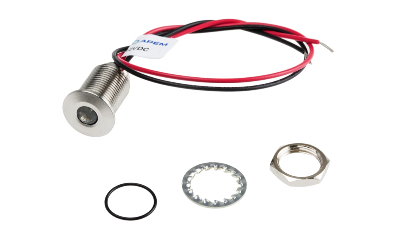 RS PRO Green Panel Mount Indicator, 10.8 → 13.2V dc, 10mm Mounting Hole Size, Lead Wires Termination, IP67