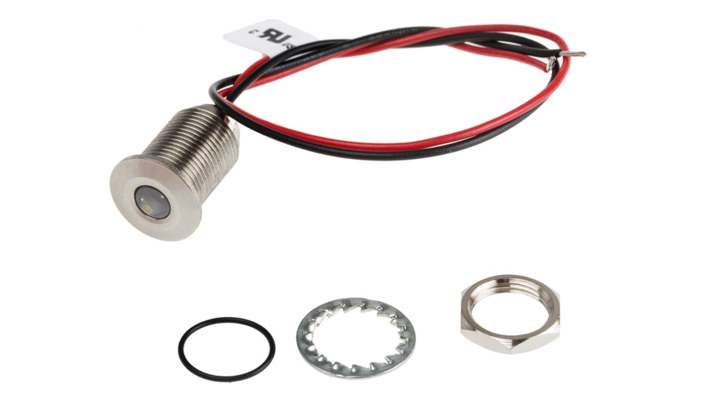 RS PRO White Panel Mount Indicator, 10.8 → 13.2V dc, 10mm Mounting Hole Size, Lead Wires Termination, IP67