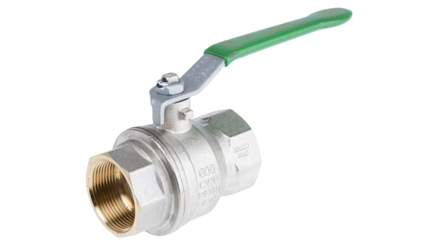 RS PRO Brass Full Bore, 2 Way, Ball Valve, Threaded, BSPP 1 1/2in, 40bar Operating Pressure