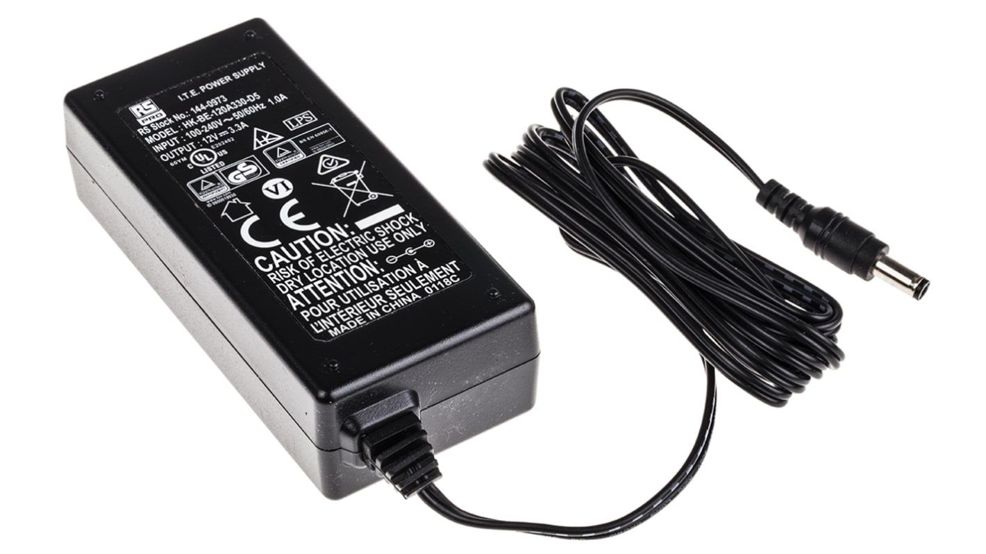 RS PRO CCTV 电源, 输出额定电压: 12V 直流, 输出电流范围: 0 → 3.3A 40WIEC C14, 输入电压范围: 90 → 264 V 交流, 3 引脚 IEC