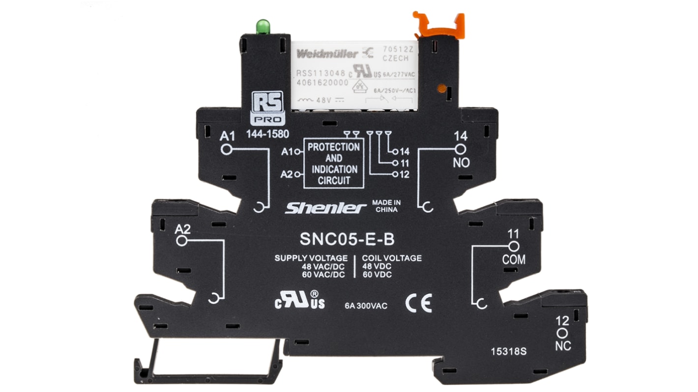 RS PRO 接口继电器, 48V 交流/直流线圈, SPDT触点, DIN导轨安装, 6A负载