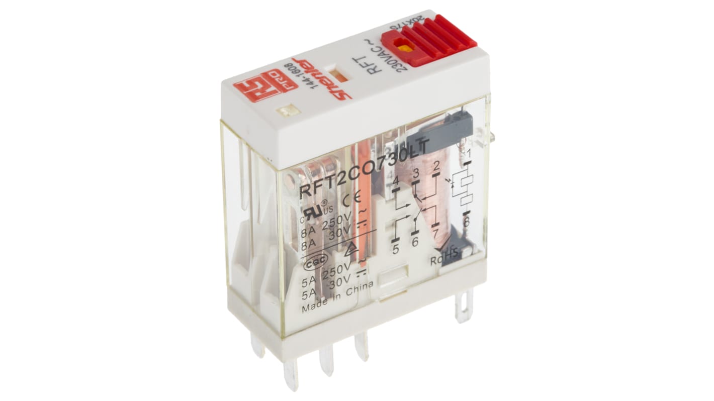 RS PRO Plug In Power Relay, 230V ac Coil, 8A Switching Current, DPDT