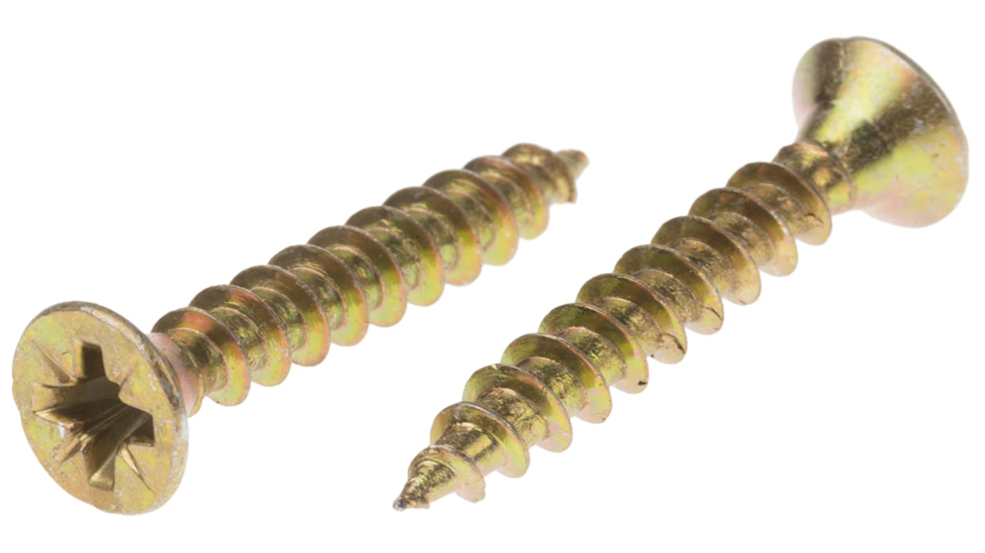 RS PRO Pozidriv Countersunk Steel Wood Screw, Yellow Passivated, Zinc Plated, 4.5mm Thread, 30mm Length
