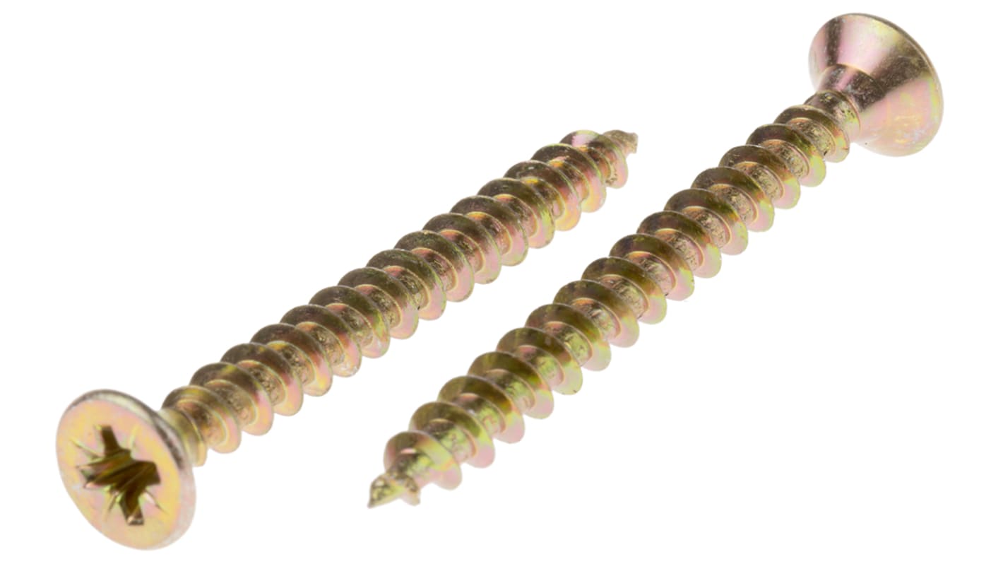 RS PRO Pozidriv Countersunk Steel Wood Screw, Yellow Passivated, Zinc Plated, 5mm Thread, 50mm Length