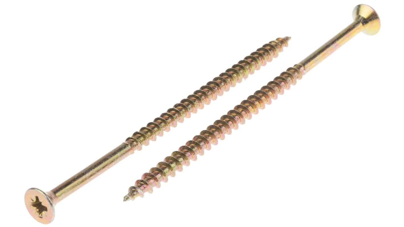 RS PRO Pozidriv Countersunk Steel Wood Screw, Yellow Passivated, Zinc Plated, 5mm Thread, 100mm Length