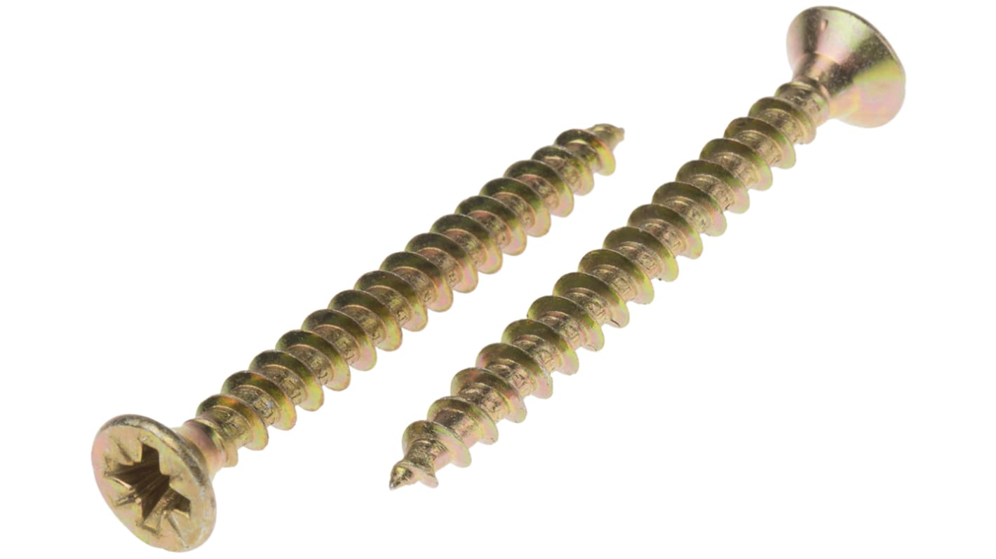 RS PRO Pozidriv Countersunk Steel Wood Screw, Yellow Passivated, Zinc Plated, 6mm Thread, 60mm Length