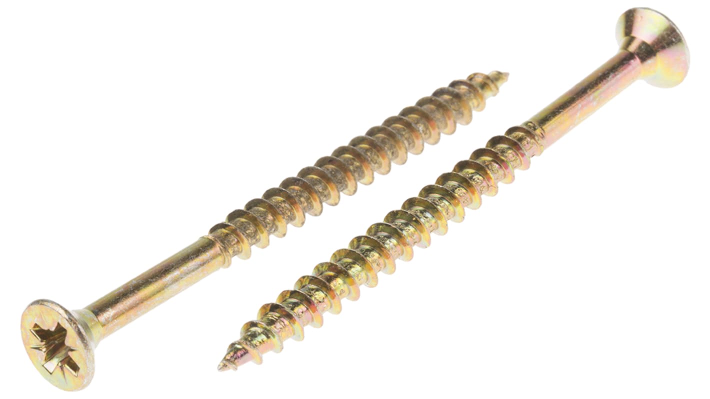 RS PRO Pozidriv Countersunk Steel Wood Screw, Yellow Passivated, Zinc Plated, 6mm Thread, 80mm Length