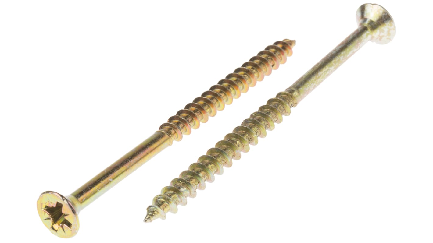 RS PRO Pozidriv Countersunk Steel Wood Screw, Yellow Passivated, Zinc Plated, 6mm Thread, 90mm Length
