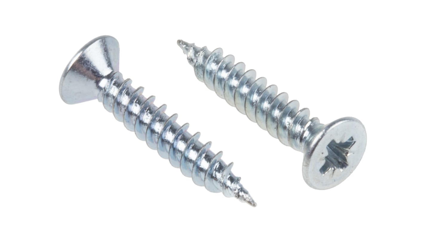 RS PRO Pozidriv Countersunk Steel Wood Screw, Bright Zinc Plated, No. 4 Thread, 5/8in Length