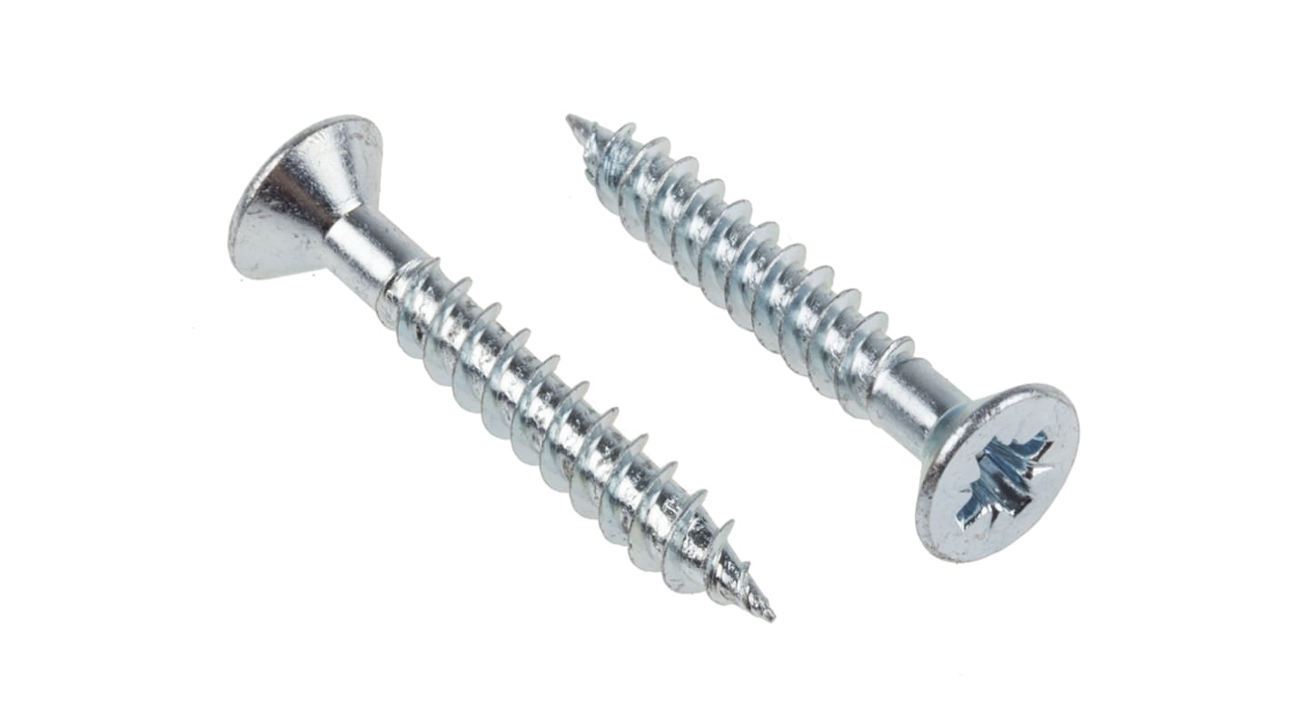 RS PRO Pozidriv Countersunk Steel Wood Screw, Bright Zinc Plated, No. 12 Thread, 1.1/2in Length