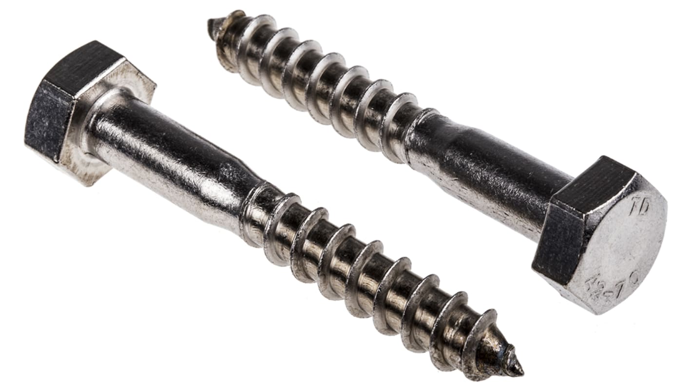 RS PRO Hex Coach Screw, Stainless Steel, 10mm x 70mm