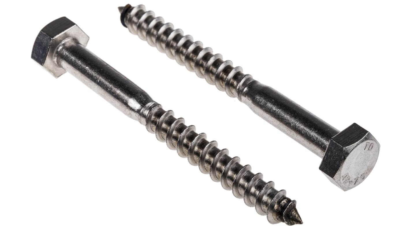 RS PRO Hex Coach Screw, Stainless Steel, 10mm x 100mm