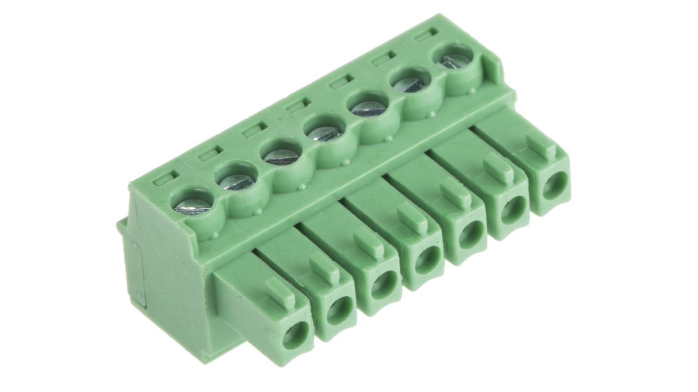 Borne para PCB Hembra Ángulo recto RS PRO de 7 vías , paso 3.5mm, 10A, de color Verde, montaje Montaje en orificio