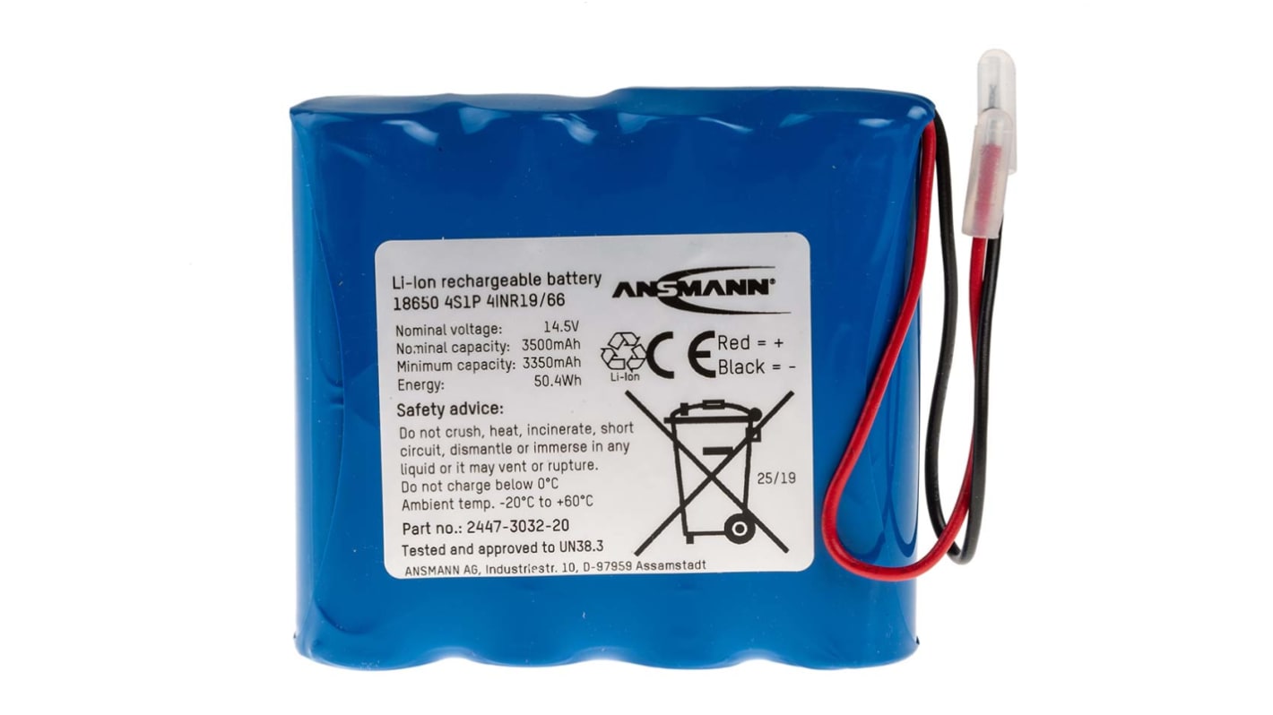 Batería recargable de Ión-Litio, 14.54V, 3.5Ah, 4 celdas, terminación en cable