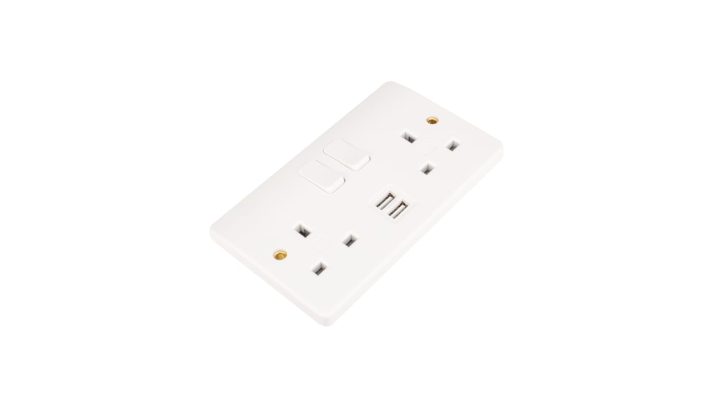 MK Electric White 2 Gang Plug Socket, 2 Poles, 2A, Type G - British, USB, Indoor Use