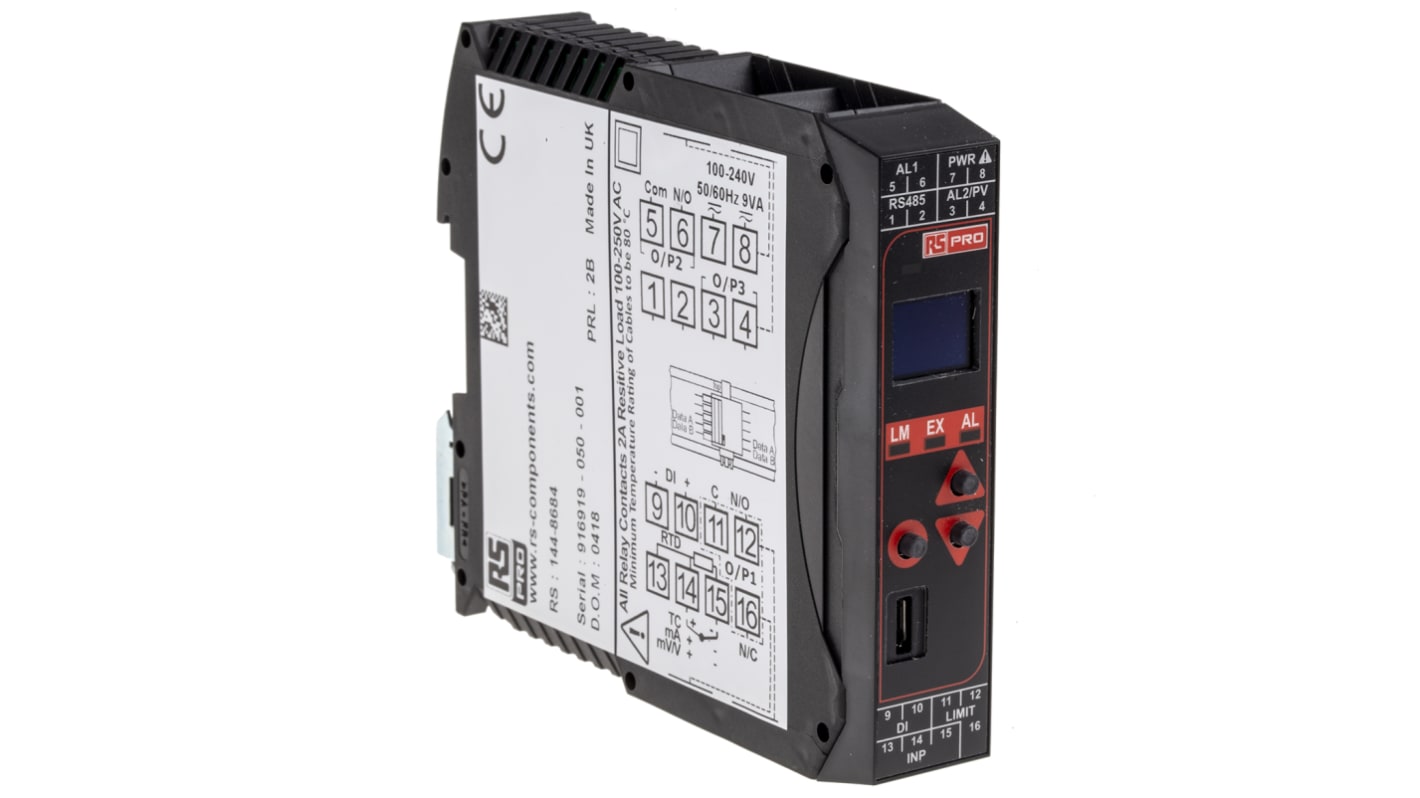 RS PRO DIN Rail PID Temperature Controller, 22.5 x 110mm 3 Input, 2 Output Changeover Relay, Relay, 100 → 240 V