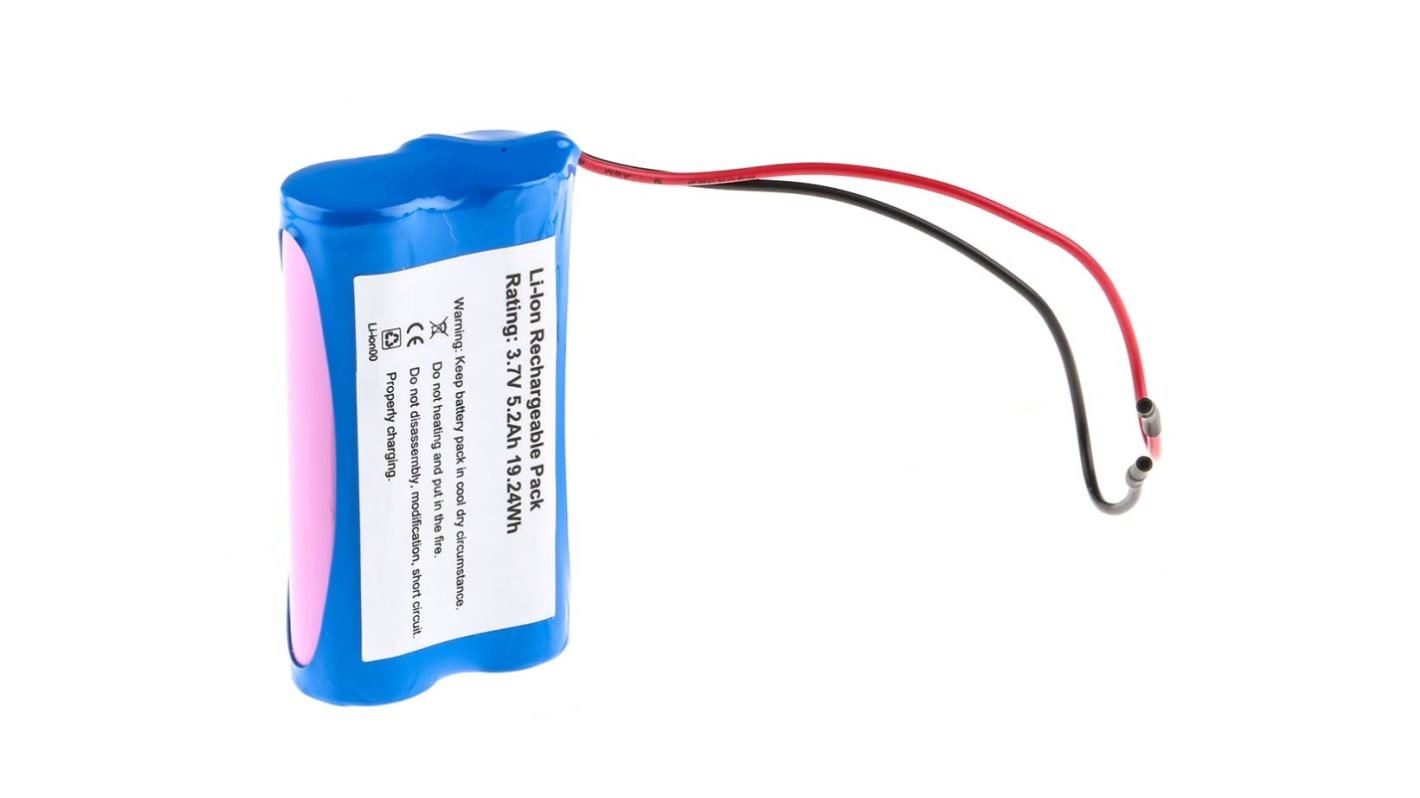 RS PRO 3.7V Lithium-Ion Rechargeable Battery Pack, 5.2Ah - Pack of 1