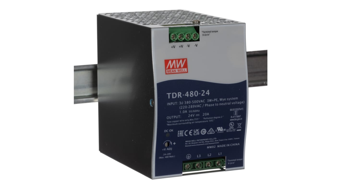 Alimentation pour rail DIN MEAN WELL, série TDR, 24V c.c.out 20A, 480W